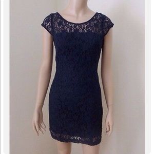 Hollister Floral Lace Sheer Low Back Sleeveless Navy Dress 5